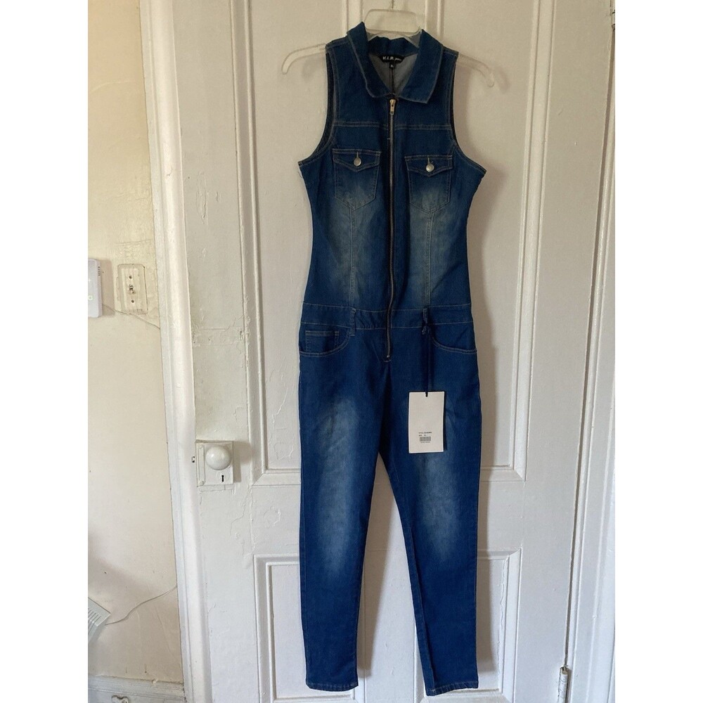 V.I.P Jeans Women’s XL Sleeveless Denim Zipper Front Jumpsuit New With Tags NWT